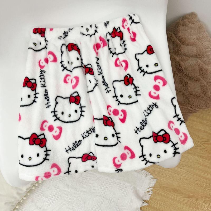 Casual Sports Shorts Flannel Cartoon Hello Kitty Women's Summer New Elastic Waist Pajama Pants Wide Leg Shorts Fashion